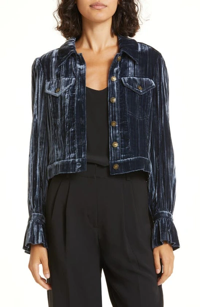 Cinq À Sept Dillon Crushed Velvet Stripe Crop Jacket In Peacock Blue