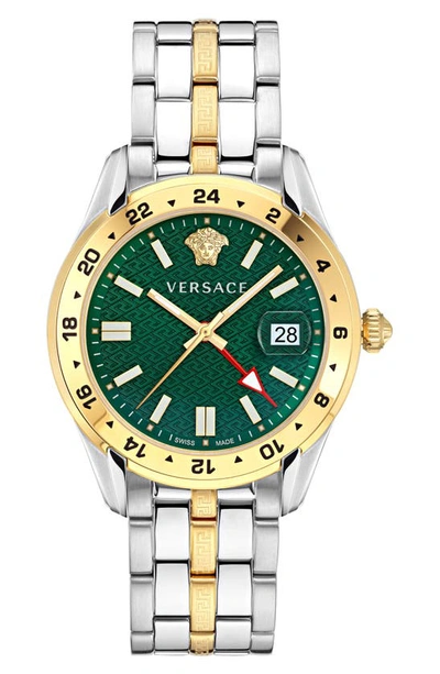 Versace Men's Swiss Greca Time Gmt Two-tone Stainless Steel Bracelet Watch 41mm In Two Tone