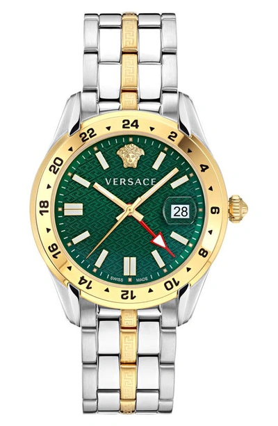 Versace Men's Swiss Greca Time Gmt Two-tone Stainless Steel Bracelet Watch 41mm In Green/two-tone