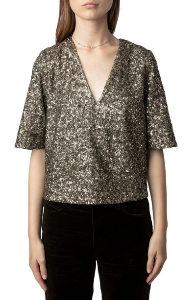 Zadig & Voltaire Sequinned V-neck T-shirt In Gold