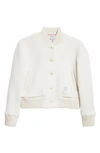 THOM BROWNE TRICOLOR TRIM WOOL FLEECE CROP BOMBER JACKET