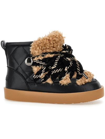 Monnalisa Two-tone Plush Boots In Black + Beige