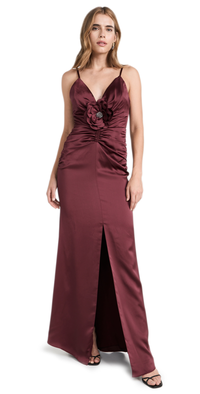 Ramy Brook Lena Ruched Sleeveless Flower Gown In Cabernet