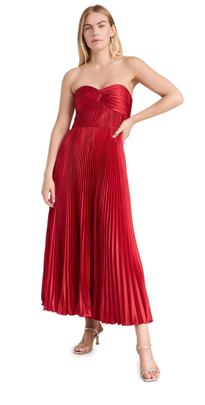 Amur Ruched Bustier Pleated Ankle Dress In Red