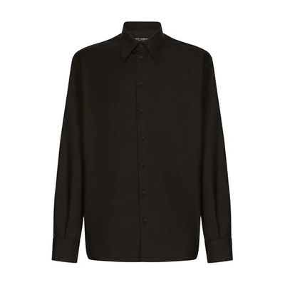 Dolce & Gabbana Silk And Wool Shirt With Logo Tag In Black