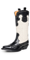 Ganni Black And White Embroidered Leather Western Boots In Multi-colored