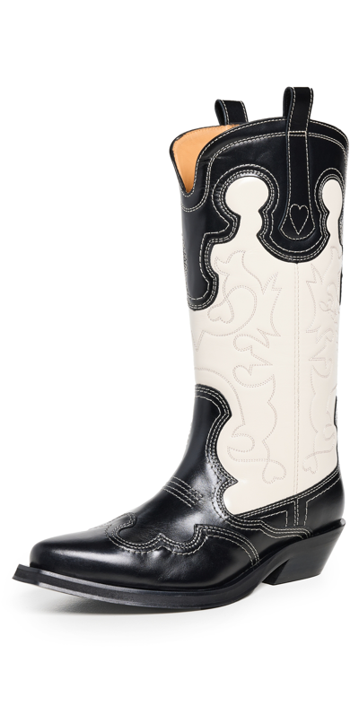 Ganni Mid Shaft Embroidered Western Boots Bicolor Black/egret In Black Multi