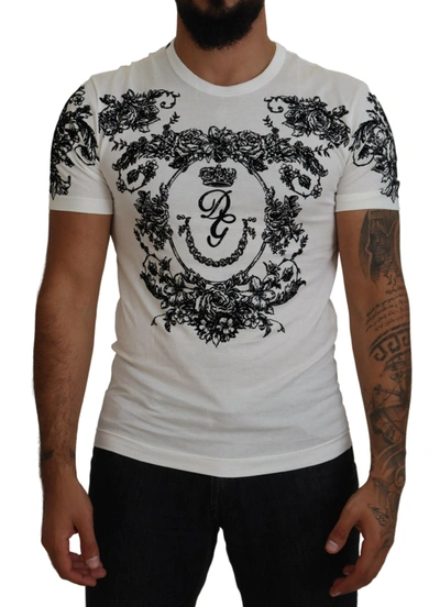 Dolce & Gabbana White Dg Crown Floral Crewneck Men T-shirt