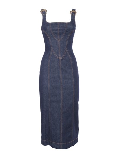 Versace Jeans Couture Indigo Baroque Buckle Denim Midi Dress In Blue