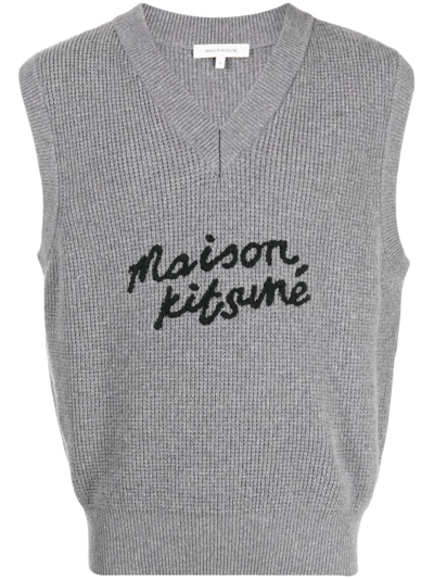 Maison Kitsuné Logo-embroidered Wool Vest In Grey