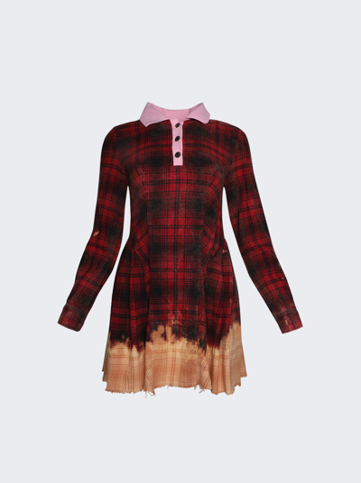 Natasha Zinko Distressed Check Long Sleeve Dress In Red