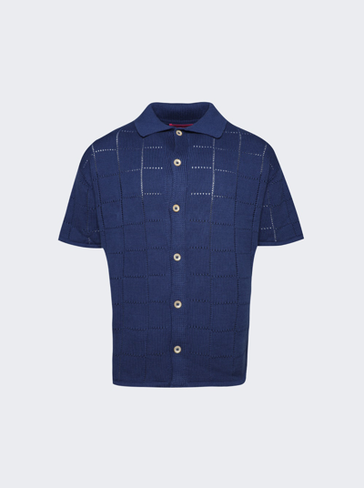 The Elder Statesman Grid Pointelle Short Sleeve Shirt In Blue Jay