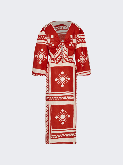 Johanna Ortiz Sun Goddess Geometric-print Linen Maxi Dress In Cuzco Ruby Cerise And Ecru