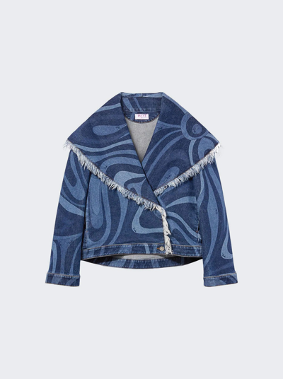 Pucci Abstract-print Frayed-edge Denim Jacket In Blue