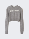 Miu Miu Logo Intarsia Cashmere Wool Crop Sweater In Grey