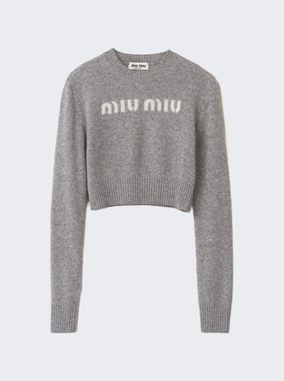 Miu Miu Logo Intarsia Cashmere Wool Crop Sweater In F0002 Nero