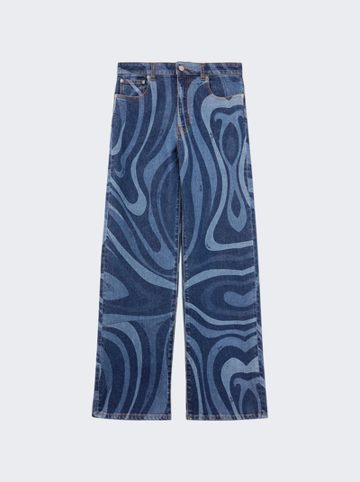 Pucci Marmo Printed Denim Wide Jeans In Blue