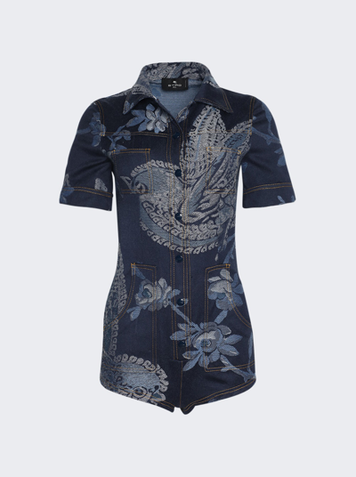 Etro Floral-embroidered Denim Fitted Romper In Navy Blue
