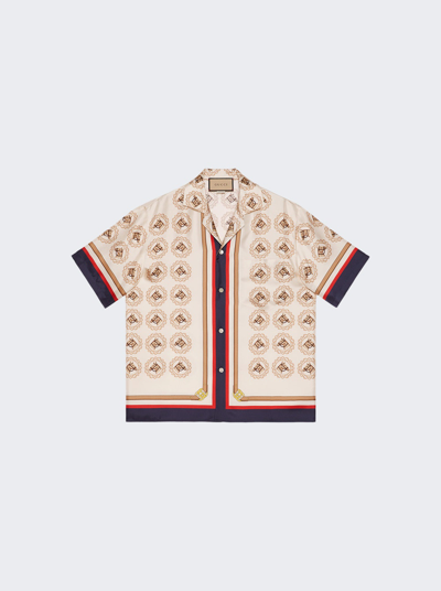 Gucci Silk Twill Equestrian Print Shirt In Ivory And Gold