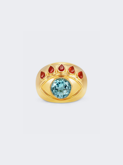Nevernot Ready To See You 18k Yellow Gold Opal; Topaz Eye Ring In 18k Gold And Blue Topaz