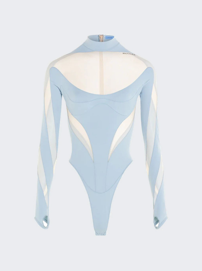 Mugler Cutout Stretch-jersey And Tulle Bodysuit In Light Blue Nude 01