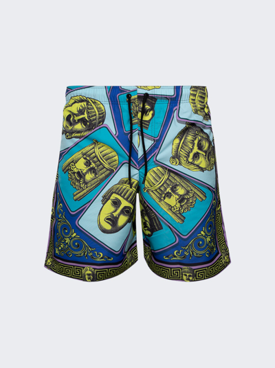 Versace Mask Print Swim Shorts In Acid Green And Teal