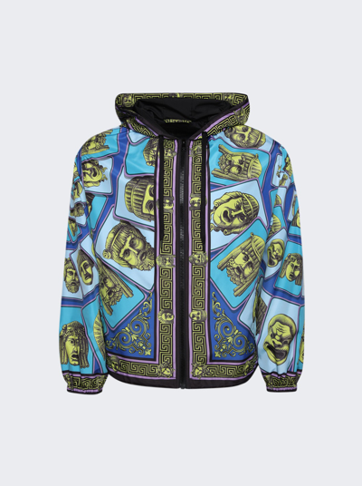 Versace Mask Print Windbreaker Jacket In Acid Green And Teal