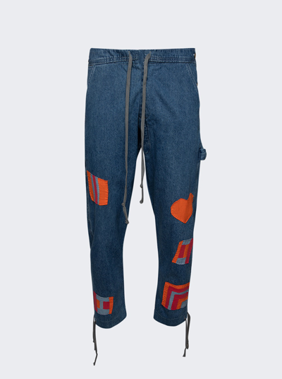Greg Lauren Gee's Bend Patch Overall Lounge Pant In Blue