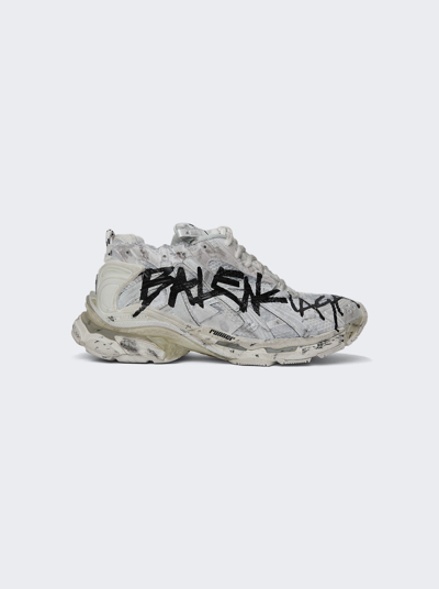 Balenciaga White Runner Sneaker With Graffiti Detail And Logo In Mesh And Nylon Man In Grey