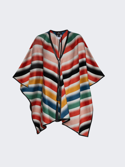 Etro Striped Mantella Wool Shawl With Leather Trim In Multicolor