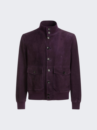 Bally High Neck Bomber Jacket In Orchid Suede In Orchid Purple
