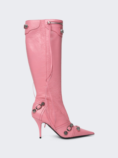 Balenciaga Cagole Embellished Textured-leather Knee Boots In Rose-pink
