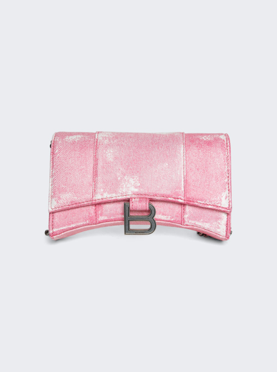 Balenciaga Hourglass Denim Wallet On Chain In Denim Pink