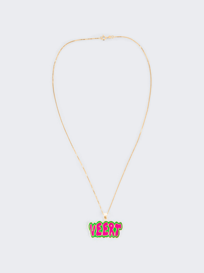 Veert Green And Pink Retro Logo Pendant With Chain In Gold