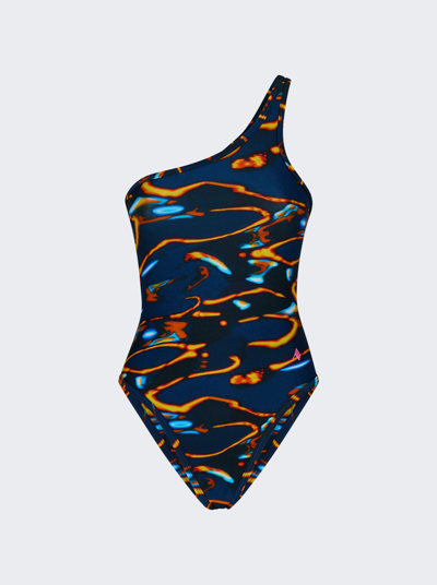 Attico One-shoulder Printed One-piece Swimsuit In Blue And Yellow Shades