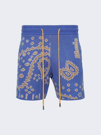 Rhude Logo Intarsia-knit Track Shorts In Light Blue And Cream