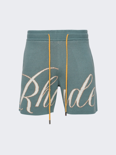 Rhude Script Logo Knit Shorts In Ivory And Sage