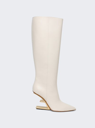 Fendi Calfskin F-heel Tall Boots In Neutrals