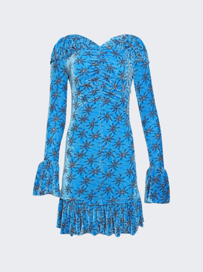 Paco Rabanne Floral-print Flared Velvet Minidress In Blue