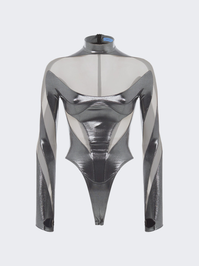 Mugler Metallic Bodysuit In Chrome Silver And Nude 01