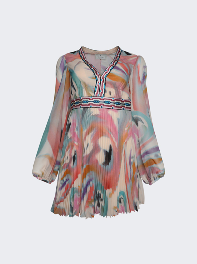 Etro Pleated Long Sleeve Mini Dress In Butterfly Wing Print