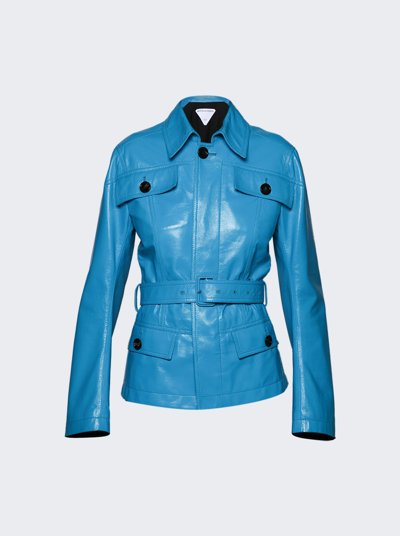 Bottega Veneta Belted Glossed-leather Jacket In Blue