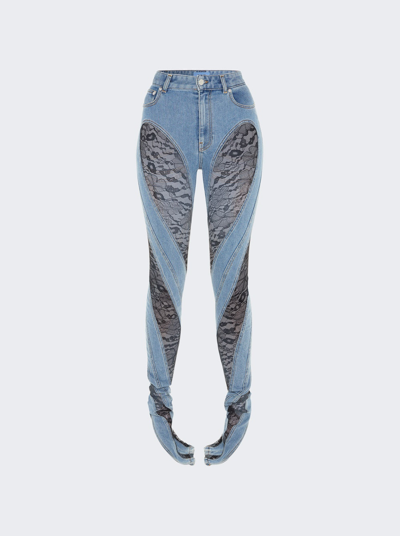 Mugler Lace Twist Jeans In Medium Blue And Black