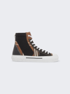 BURBERRY VINTAGE CHECK COTTON AND NEOPRENE HIGH-TOP SNEAKERS BLACK AND BIRCH BROWN