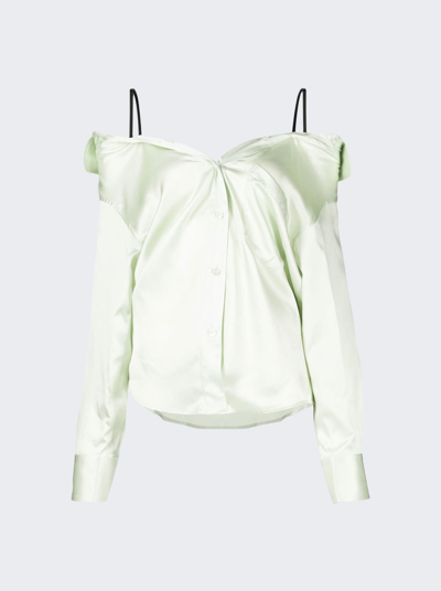 Alexander Wang T Off Shoulder Boyfriend Shirt With Bra Straps In Pale Mint