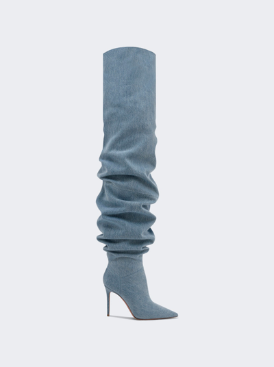 Amina Muaddi Jahleel Denim Thigh-high Boots In Blue