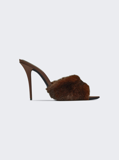 Saint Laurent Gippy 105 Faux Fur High Heel Mule Sandals In Brown