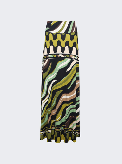 Pucci Marmo-print Maxi Skirt In Black And Khaki