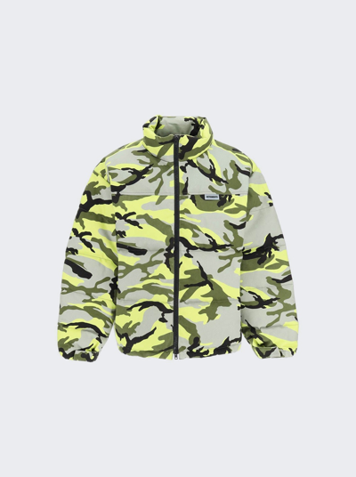 Vetements Neon Camouflage Print Tech Down Jacket In Grey,yellow,green