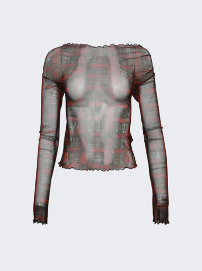Knwls Thin Mesh Top With Straight Neckline Acid Plaid Ginger Red